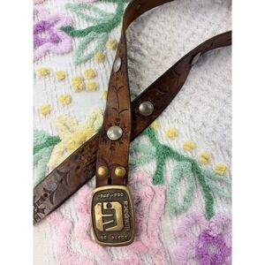 Vintage Leather Belt with Solid Brass Waupaca 25 Years Buckle Men's Western USA